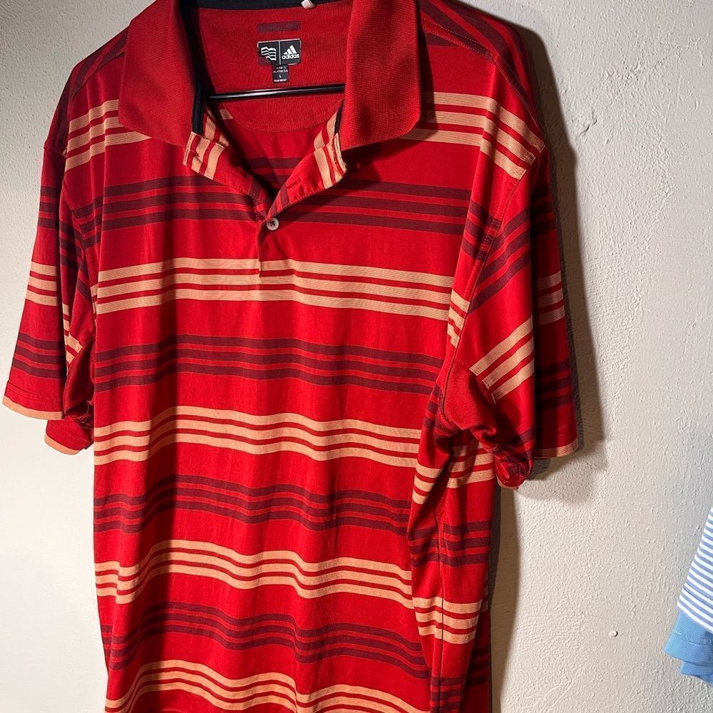 Adidas Polo Shirt Short Sleeve orange gold black tiny stripe Sz L All Polyester